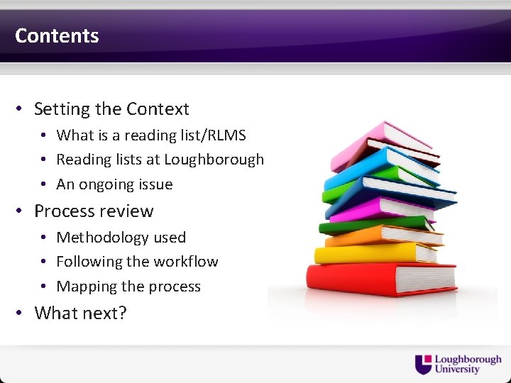 Contents • Setting the Context • What is a reading list/RLMS • Reading lists