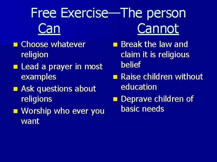 Free Exercise—The person Cannot n n Choose whatever n Break the law and religion