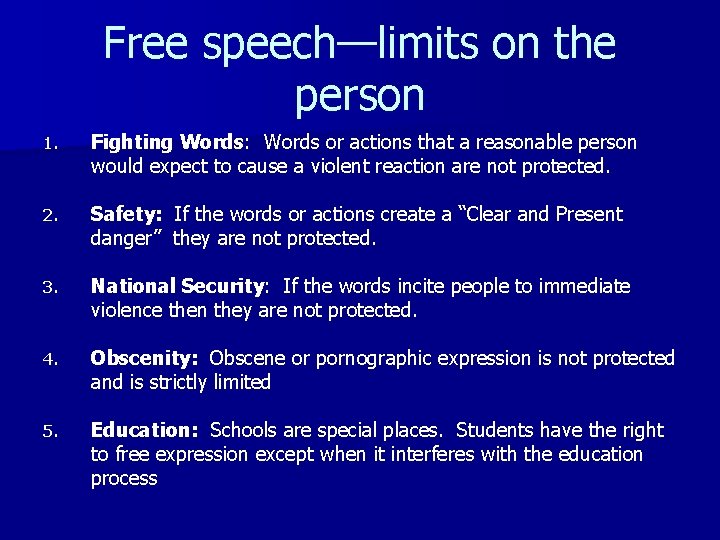 Free speech—limits on the person 1. Fighting Words: Words or actions that a reasonable