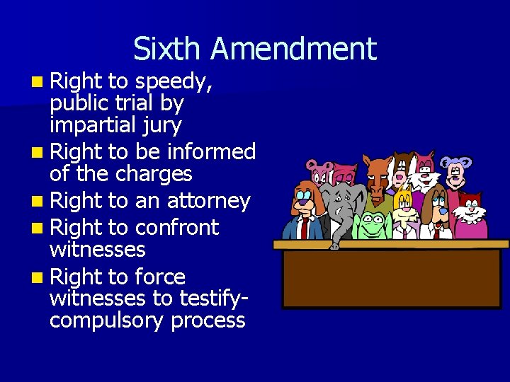 n Right Sixth Amendment to speedy, public trial by impartial jury n Right to