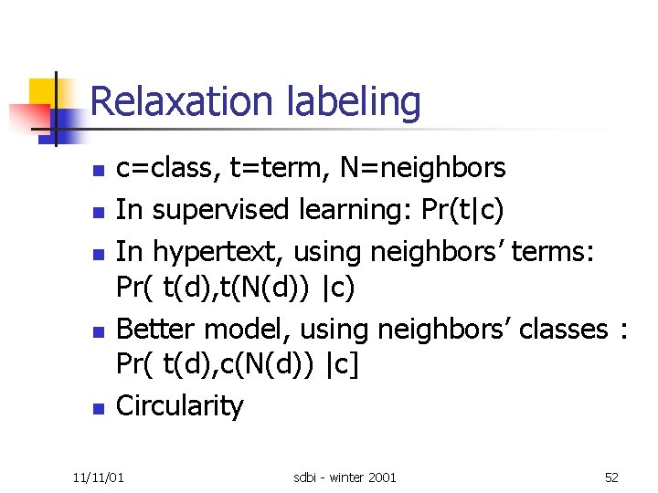 Relaxation labeling n n n c=class, t=term, N=neighbors In supervised learning: Pr(t|c) In hypertext,