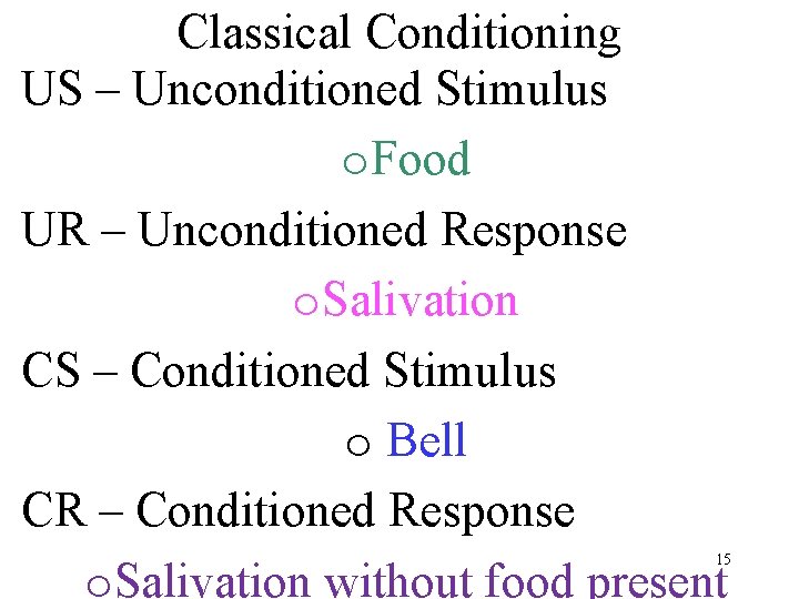 Classical Conditioning US – Unconditioned Stimulus o. Food UR – Unconditioned Response o. Salivation