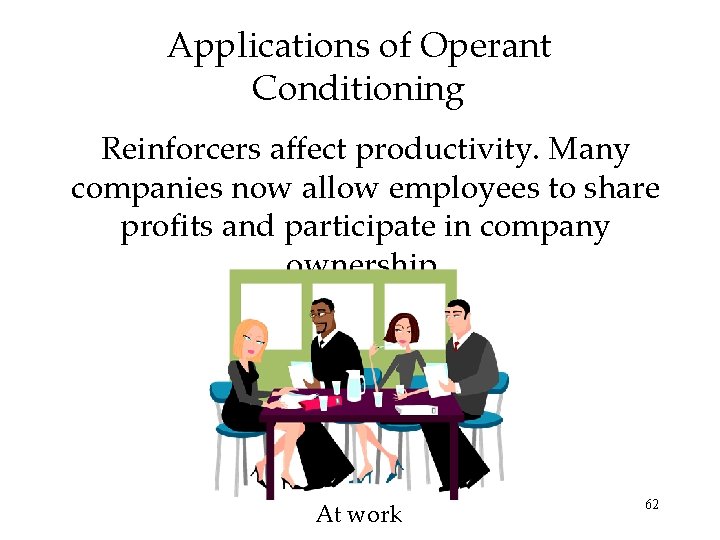 Applications of Operant Conditioning Reinforcers affect productivity. Many companies now allow employees to share