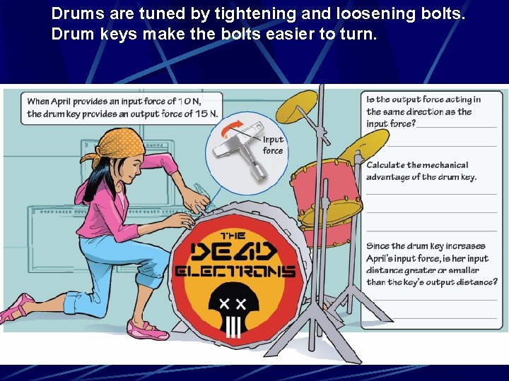 Drums are tuned by tightening and loosening bolts. Drum keys make the bolts easier
