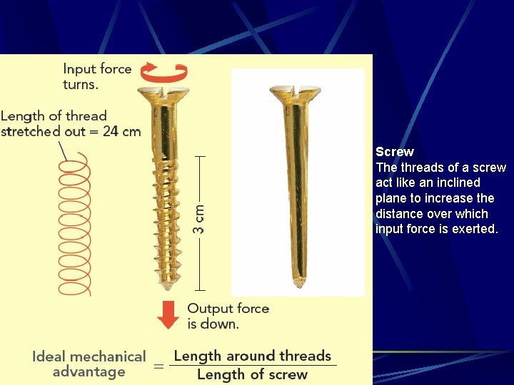 Screw The threads of a screw act like an inclined plane to increase the