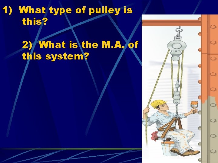 1) What type of pulley is this? 2) What is the M. A. of