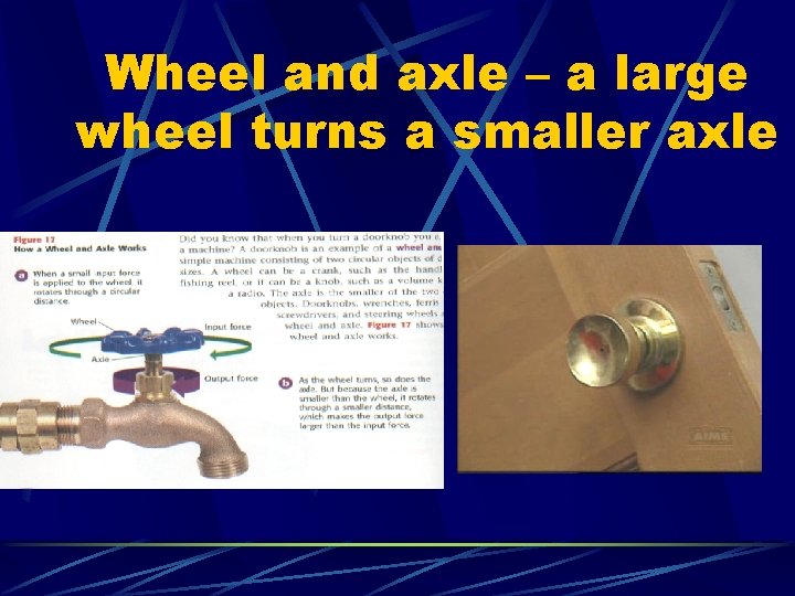 Wheel and axle – a large wheel turns a smaller axle 