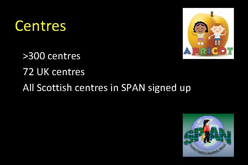 Centres >300 centres 72 UK centres All Scottish centres in SPAN signed up 