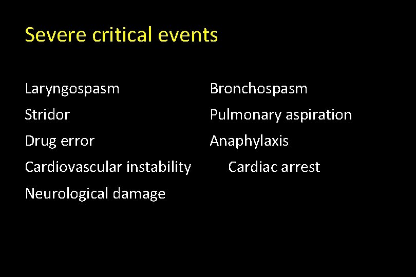 Severe critical events Laryngospasm Bronchospasm Stridor Pulmonary aspiration Drug error Anaphylaxis Cardiovascular instability Neurological