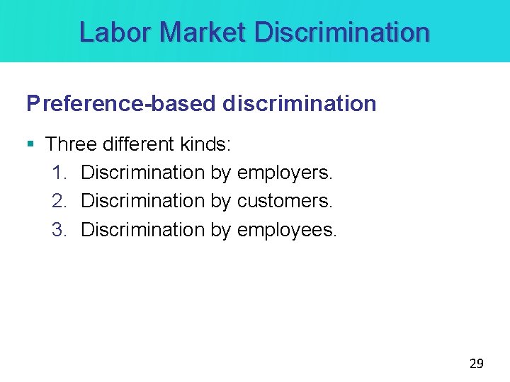Labor Market Discrimination Preference-based discrimination § Three different kinds: 1. Discrimination by employers. 2.