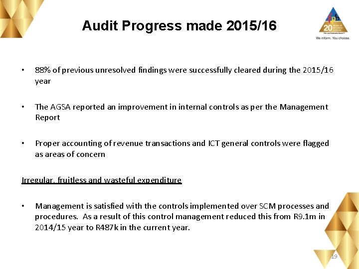 Audit Progress made 2015/16 • 88% of previous unresolved findings were successfully cleared during