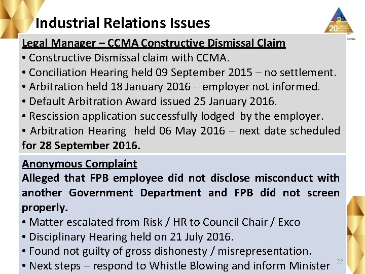 Industrial Relations Issues Legal Manager – CCMA Constructive Dismissal Claim • Constructive Dismissal claim