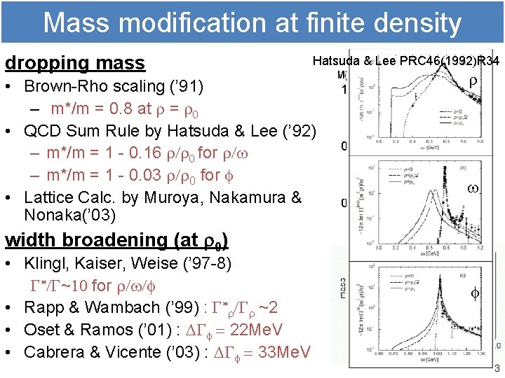 Mass modification at finite density dropping mass Hatsuda & Lee PRC 46(1992)R 34 •