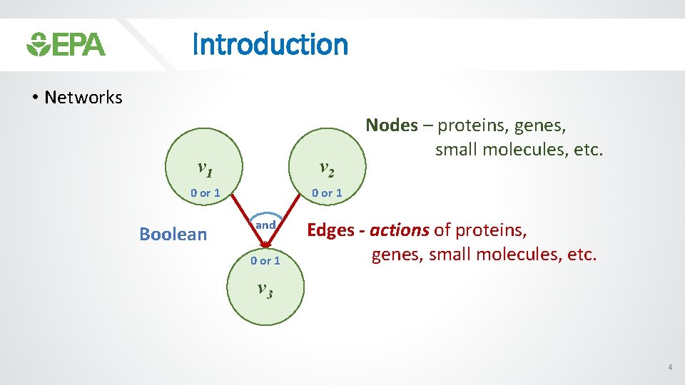 Introduction • Networks v 1 v 2 0 or 1 Boolean and 0 or