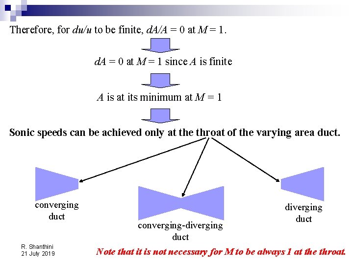 Therefore, for du/u to be finite, d. A/A = 0 at M = 1.