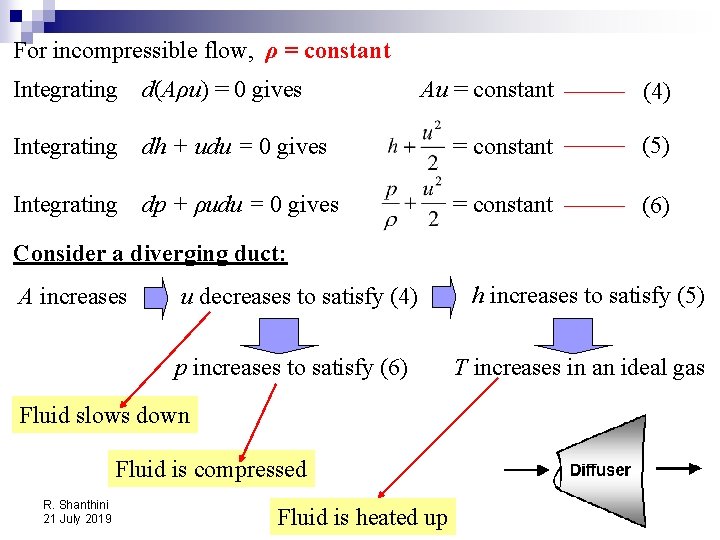 For incompressible flow, ρ = constant Integrating d(Aρu) = 0 gives Au = constant
