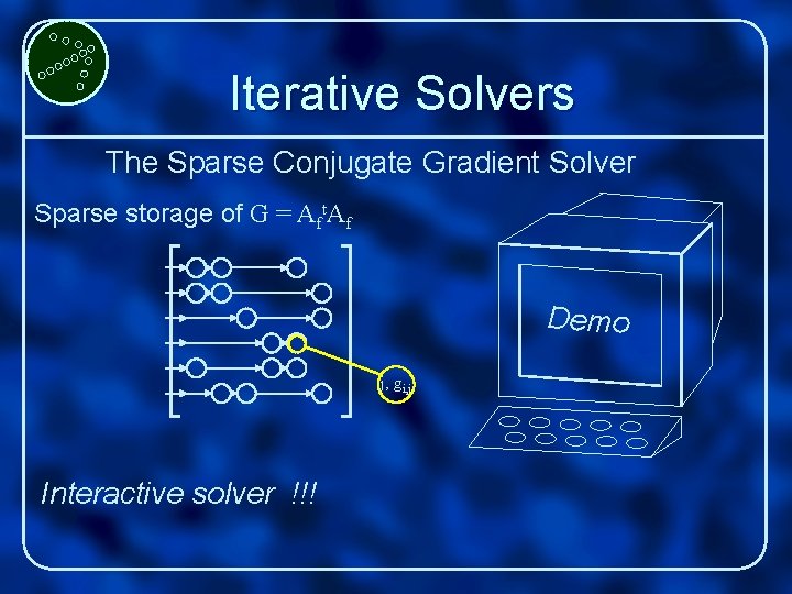 Iterative Solvers The Sparse Conjugate Gradient Solver Sparse storage of G = Aft. Af
