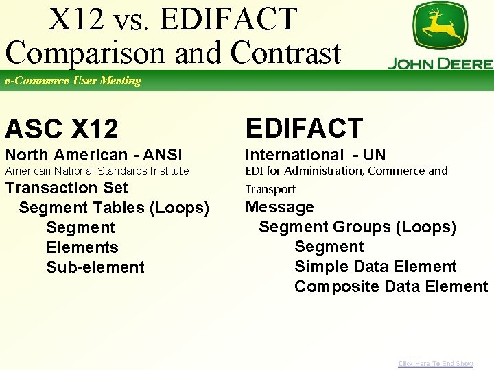 X 12 vs. EDIFACT Comparison and Contrast e-Commerce User Meeting ASC X 12 EDIFACT