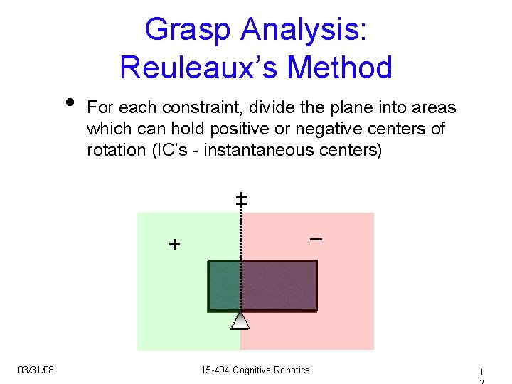 Grasp Analysis: Reuleaux’s Method • For each constraint, divide the plane into areas which