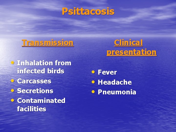 Psittacosis Transmission • Inhalation from • • • infected birds Carcasses Secretions Contaminated facilities