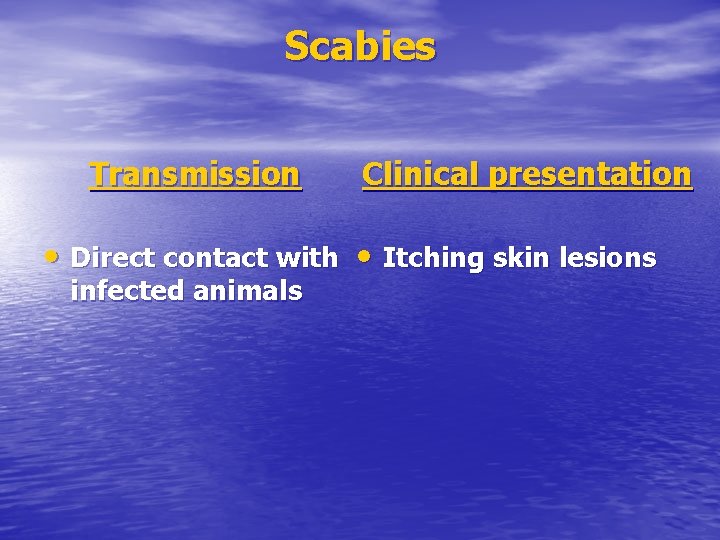 Scabies Transmission Clinical presentation • Direct contact with • Itching skin lesions infected animals