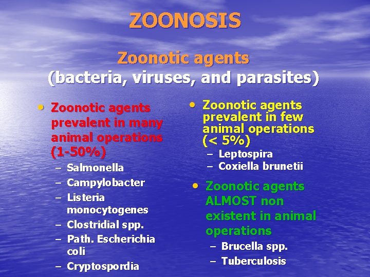 ZOONOSIS Zoonotic agents (bacteria, viruses, and parasites) • Zoonotic agents prevalent in many animal