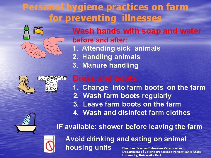 Personal hygiene practices on farm for preventing illnesses Wash hands with soap and water