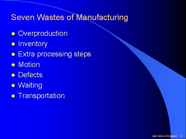 Seven Wastes of Manufacturing l l l l Overproduction Inventory Extra processing steps Motion