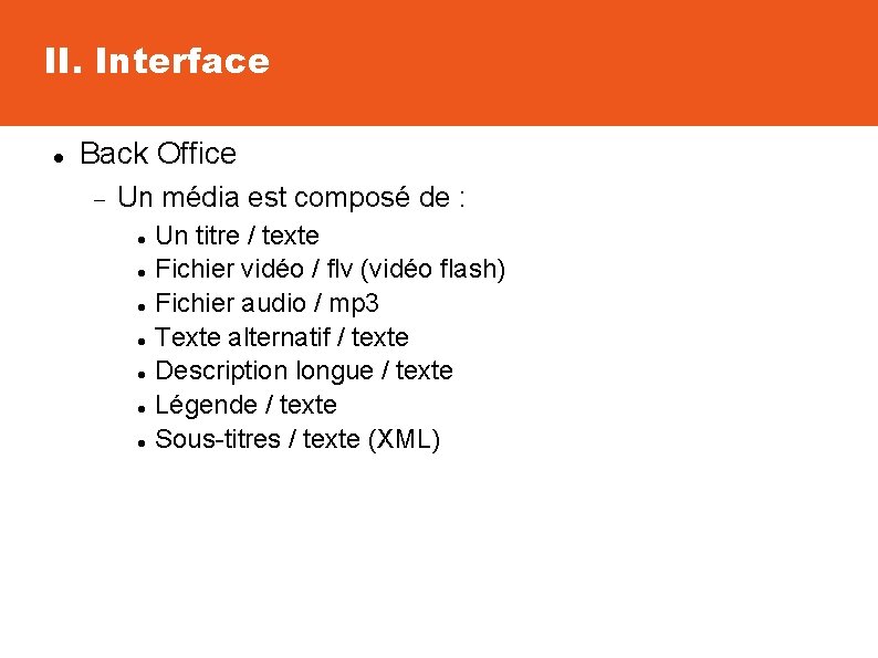 II. Interface Back Office Un média est composé de : Un titre / texte