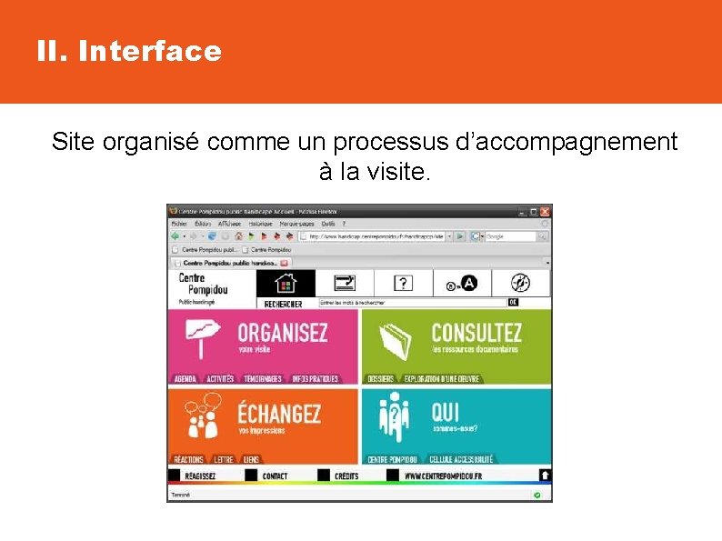 II. Interface Site organisé comme un processus d’accompagnement à la visite. 