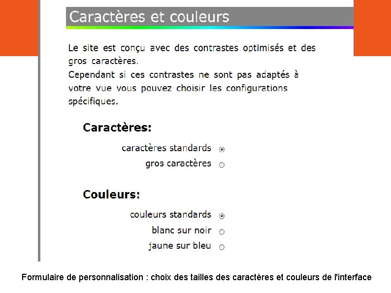 Formulaire de personnalisation : choix des tailles des caractères et couleurs de l'interface 