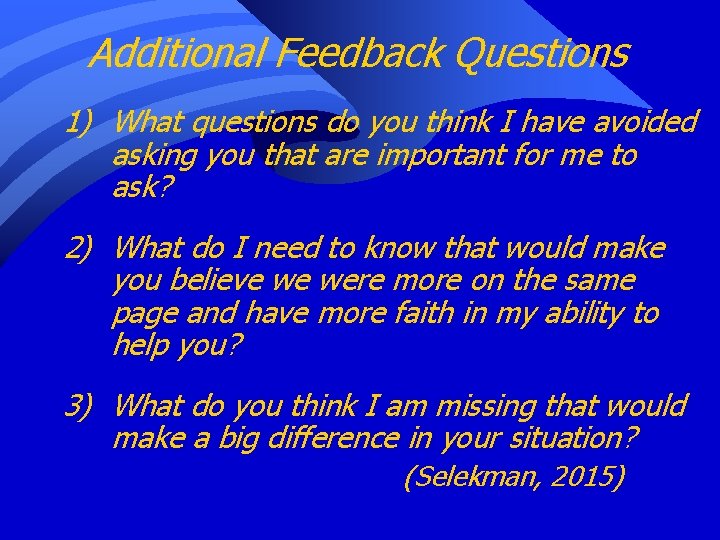 Additional Feedback Questions 1) What questions do you think I have avoided asking you
