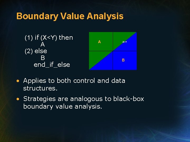 Boundary Value Analysis (1) if (X<Y) then A (2) else B end_if_else • Applies