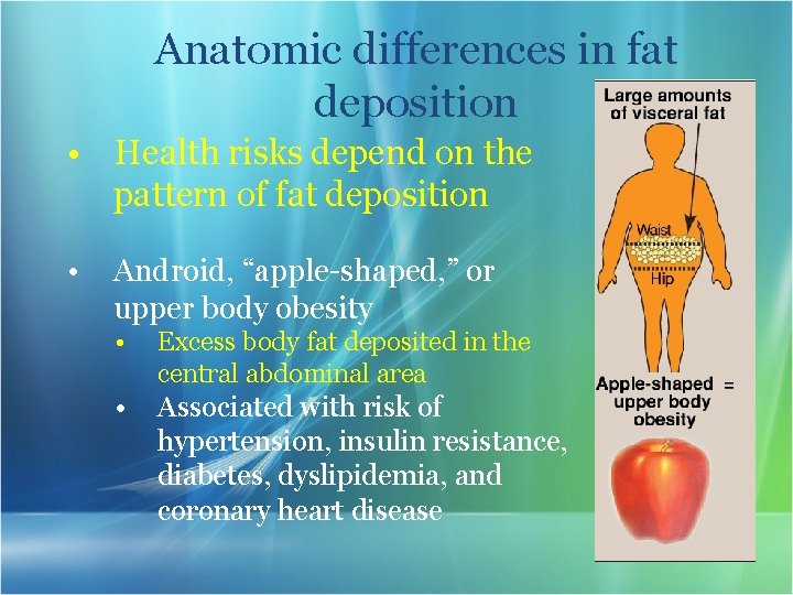 Anatomic differences in fat deposition • Health risks depend on the pattern of fat