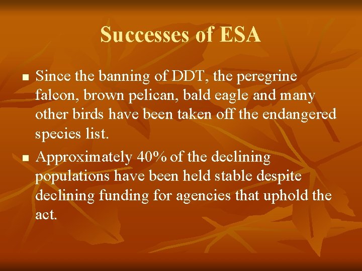 Successes of ESA n n Since the banning of DDT, the peregrine falcon, brown