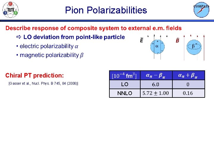 Pion Polarizabilities Chiral PT prediction: [Gasser et al. , Nucl. Phys. B 745, 84