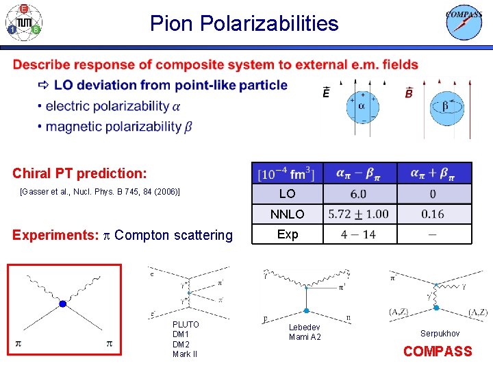 Pion Polarizabilities Chiral PT prediction: [Gasser et al. , Nucl. Phys. B 745, 84