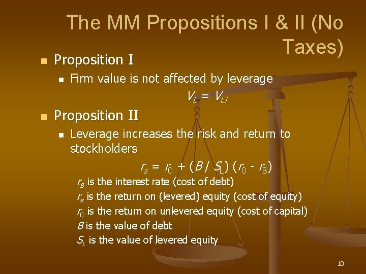 n The MM Propositions I & II (No Taxes) Proposition I n n Firm