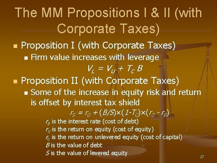 The MM Propositions I & II (with Corporate Taxes) n Proposition I (with Corporate