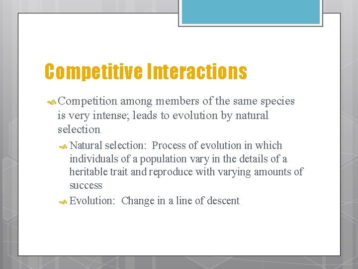 Competitive Interactions Competition among members of the same species is very intense; leads to