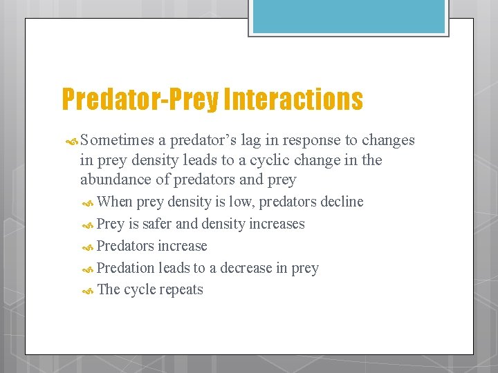 Predator-Prey Interactions Sometimes a predator’s lag in response to changes in prey density leads