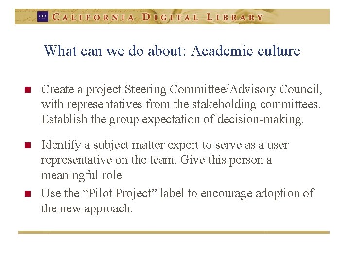 What can we do about: Academic culture n Create a project Steering Committee/Advisory Council,