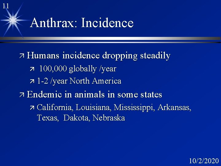 11 Anthrax: Incidence ä Humans incidence dropping steadily 100, 000 globally /year ä 1