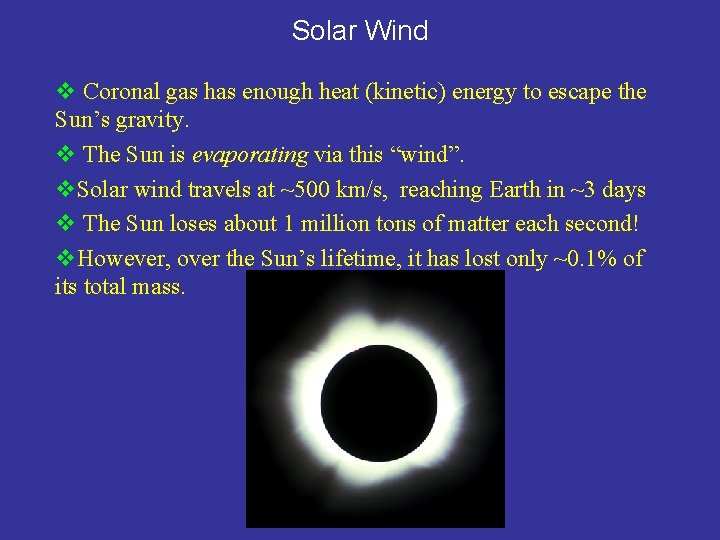 Solar Wind v Coronal gas has enough heat (kinetic) energy to escape the Sun’s