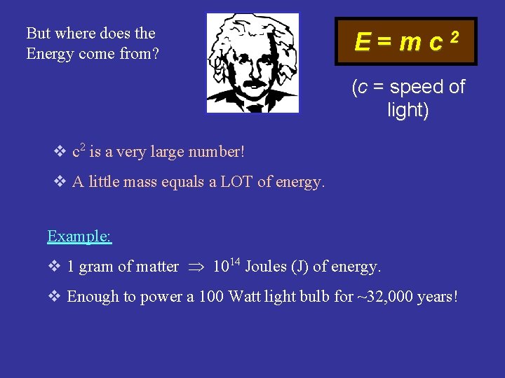 But where does the Energy come from? E=mc 2 (c = speed of light)