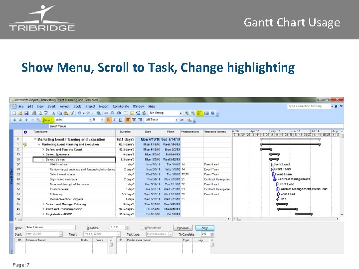 Gantt Chart Usage Show Menu, Scroll to Task, Change highlighting Page: 7 