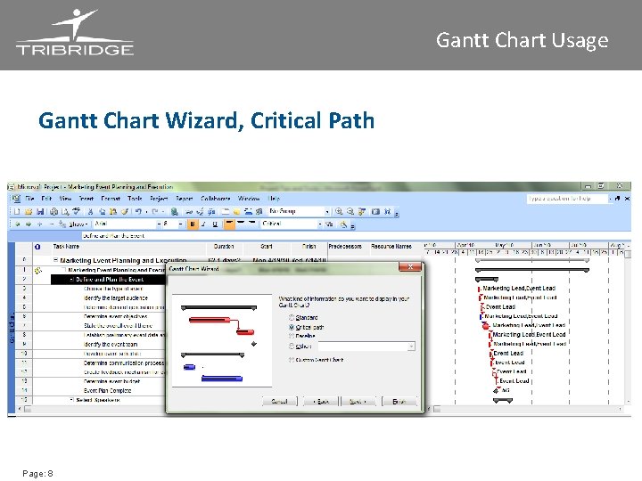 Gantt Chart Usage Gantt Chart Wizard, Critical Path Page: 8 