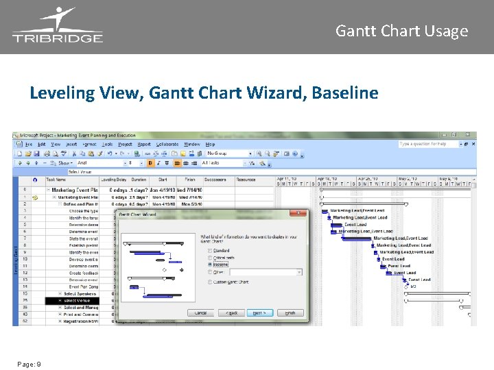 Gantt Chart Usage Leveling View, Gantt Chart Wizard, Baseline Page: 9 