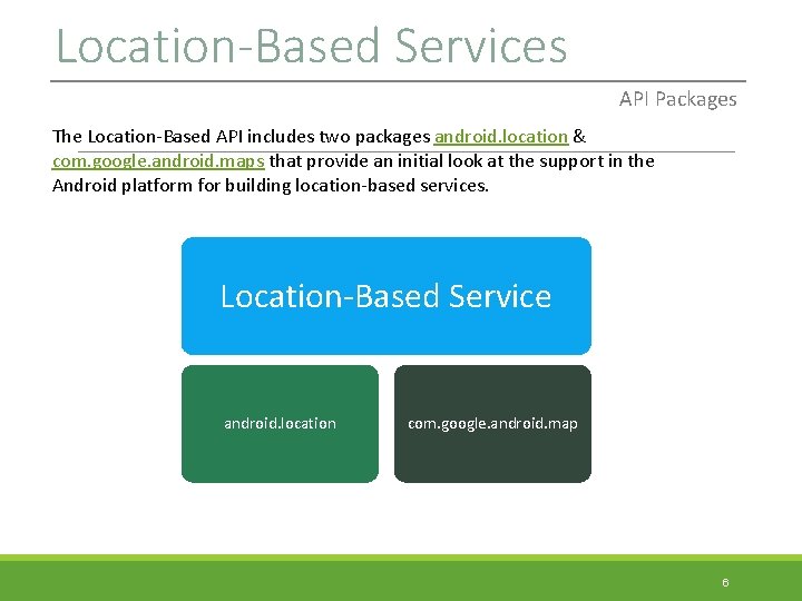 Location-Based Services API Packages The Location-Based API includes two packages android. location & com.