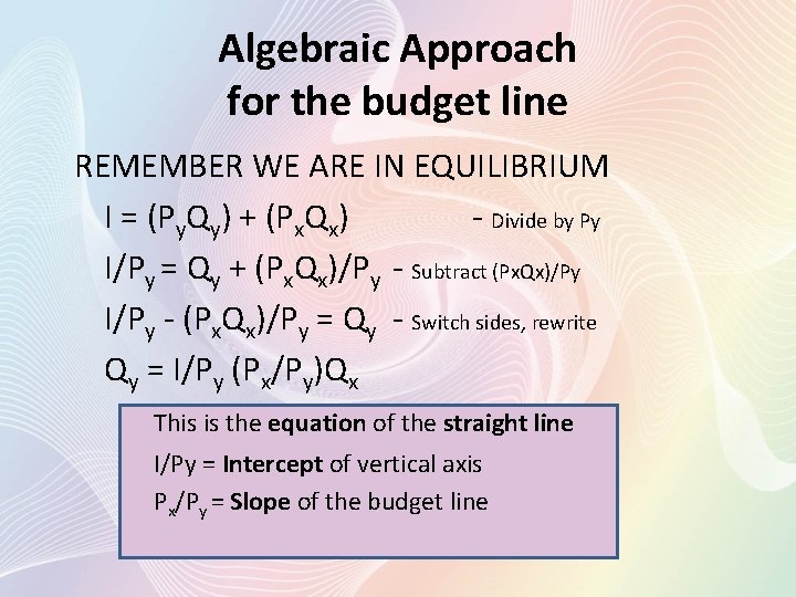 Algebraic Approach for the budget line REMEMBER WE ARE IN EQUILIBRIUM I = (Py.
